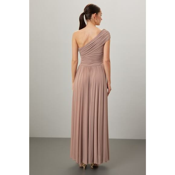 RONNY KOBO Brown Tan One Shoulder Neckline Pleated Bodice Killian Gown Size M - Picture 3 of 15